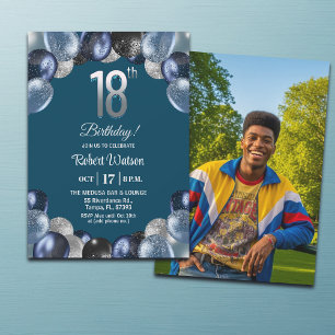 Invitación Elegante Foto de Cumpleaños 18 con Brillo Azul Pla
