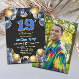 Invitación Elegante Foto de Cumpleaños 19 en Azul Plateado y