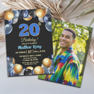 Invitación Elegante Foto de Cumpleaños 20 Azul Plateado Dorad
