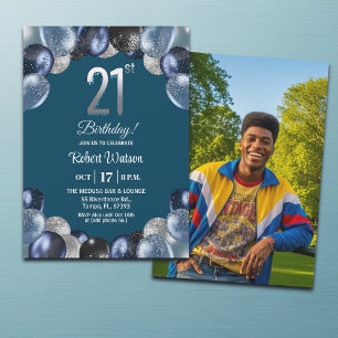Invitación Elegante foto de cumpleaños 21 con brillo azul pla