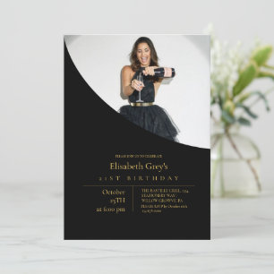 Invitación Elegante foto de cumpleaños 21 en negro y oro