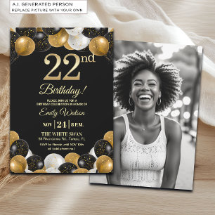 Invitación Elegante Foto de Cumpleaños 22 con Brillo Dorado N
