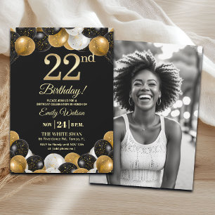 Invitación Elegante Foto de Cumpleaños 22 con Brillo Dorado N