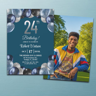 Invitación Elegante Foto de Cumpleaños 24 con Brillo Azul Pla