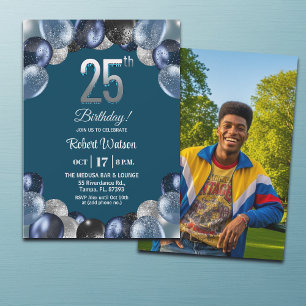 Invitación Elegante Foto de Cumpleaños 25 con Brillo Azul Pla