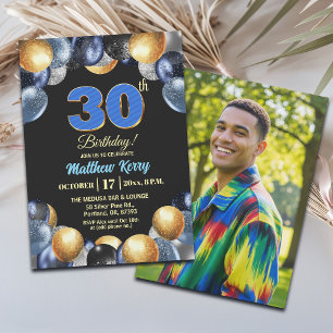Invitación Elegante Foto de Cumpleaños 30 Azul Plata Dorado