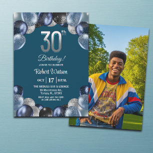Invitación Elegante Foto de Cumpleaños 30 con Brillo Azul Pla
