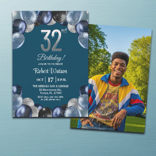Invitación Elegante Foto de Cumpleaños 32 con Brillo Azul Pla