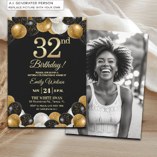 Invitación Elegante Foto de Cumpleaños 32 con Brillo Dorado N