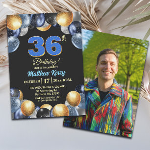 Invitación Elegante Foto de Cumpleaños 36 Azul Plata Dorado