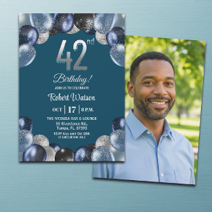 Invitación Elegante Foto de Cumpleaños 42 con Brillo Azul Pla