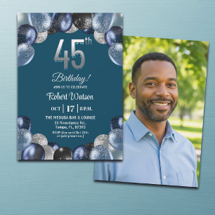 Invitación Elegante Foto de Cumpleaños 45 con Brillo Azul Pla