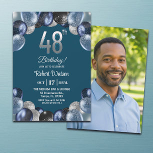 Invitación Elegante Foto de Cumpleaños 48 con Brillo Azul Pla