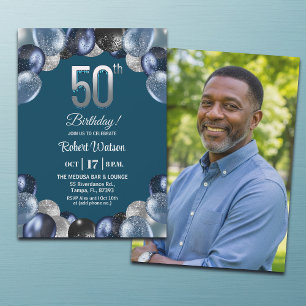 Invitación Elegante Foto de Cumpleaños 50 con Brillo Azul Pla