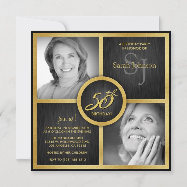 Invitación Elegante foto de cumpleaños 50 en negro y oro (Anverso)