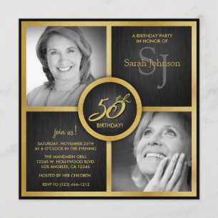 Invitación Elegante foto de cumpleaños 50 en negro y oro