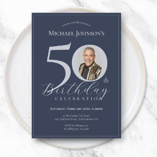 Invitación Elegante Foto de Cumpleaños 50 en Oro Negro