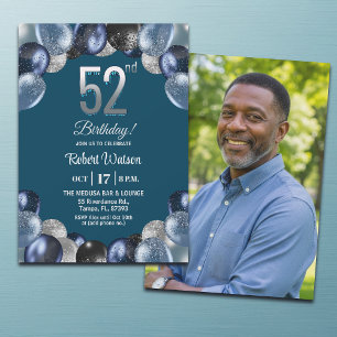 Invitación Elegante Foto de Cumpleaños 52 con Brillo Azul Pla