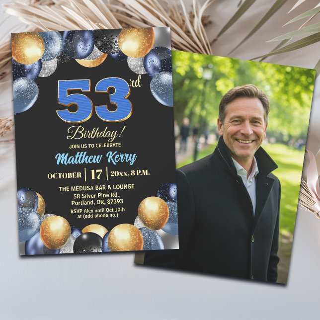 Invitación Elegante Foto de Cumpleaños 53 de Azul Plateado Do (Subido por el creador)