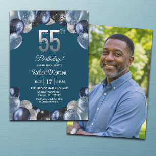 Invitación Elegante Foto de Cumpleaños 55 con Brillo Azul Pla