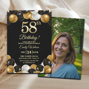 Invitación Elegante Foto de Cumpleaños 58 con Brillo Dorado N