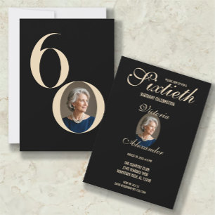 Invitación Elegante foto de cumpleaños 60 en negro y oro