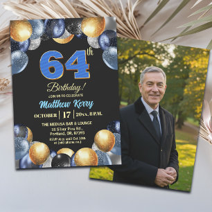 Invitación Elegante Foto de Cumpleaños 64 en Azul Plateado y 