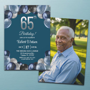 Invitación Elegante Foto de Cumpleaños 65 con Brillo Azul Pla
