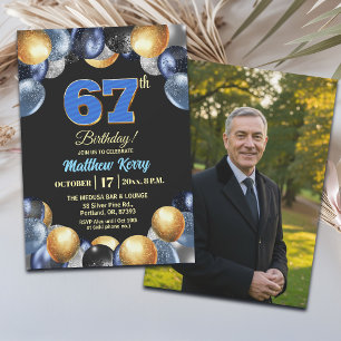 Invitación Elegante Foto de Cumpleaños 67 Azul Plata Dorado
