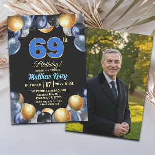 Invitación Elegante Foto de Cumpleaños 69 en Azul Plateado y 