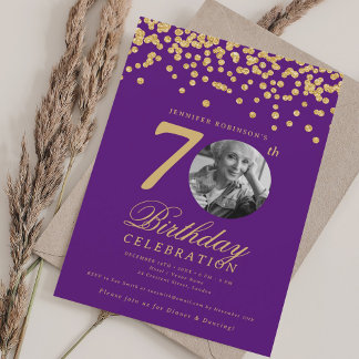 Invitación Elegante foto de cumpleaños 70 dorado púrpura conf