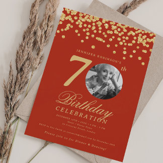 Invitación Elegante foto de cumpleaños 70 dorado rojo confeti