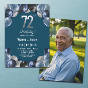 Invitación Elegante Foto de Cumpleaños 72 con Brillo Azul Pla