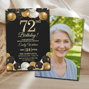 Invitación Elegante Foto de Cumpleaños 72 con Brillo Dorado N