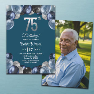 Invitación Elegante Foto de Cumpleaños 75 con Brillo Azul Pla