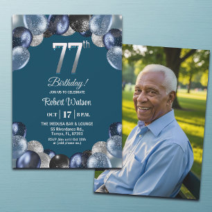 Invitación Elegante foto de cumpleaños 77 con brillo azul pla
