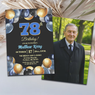 Invitación Elegante Foto de Cumpleaños 78 Azul Plateado Dorad
