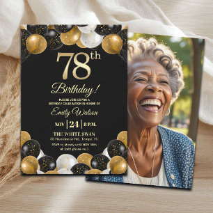Invitación Elegante Foto de Cumpleaños 78 con Brillo Dorado N