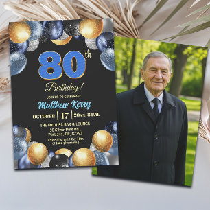 Invitación Elegante Foto de Cumpleaños 80 en Azul Plateado y