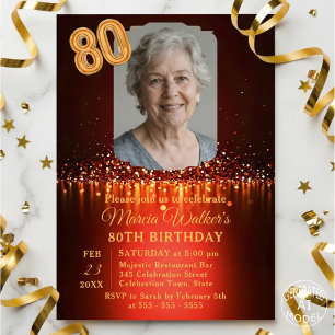 Invitación Elegante foto de cumpleaños 80 en burgundy y oro
