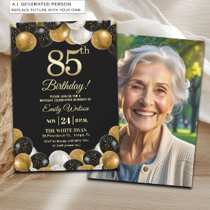 Invitación Elegante Foto de Cumpleaños 85 con Brillo Dorado N