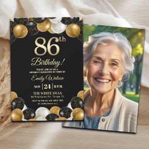 Invitación Elegante Foto de Cumpleaños 86 con Brillo Dorado N