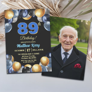 Invitación Elegante Foto de Cumpleaños 89 Azul Plata Dorado