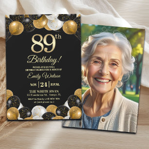 Invitación Elegante Foto de Cumpleaños 89 con Brillo Dorado N
