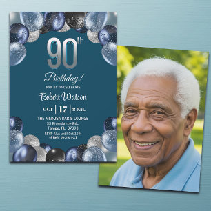 Invitación Elegante Foto de Cumpleaños 90 con Brillo Azul Pla