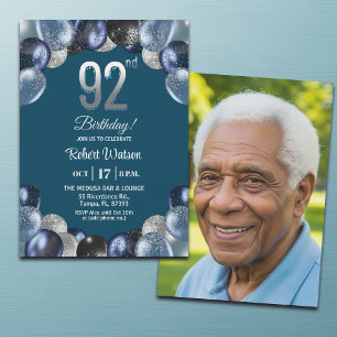 Invitación Elegante Foto de Cumpleaños 92 con Brillo Azul Pla