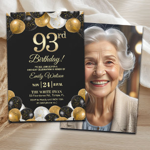 Invitación Elegante Foto de Cumpleaños 93 con Brillo Dorado N