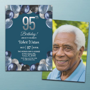 Invitación Elegante Foto de Cumpleaños 95 con Brillo Azul Pla