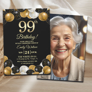Invitación Elegante Foto de Cumpleaños 99 con Brillo Dorado N