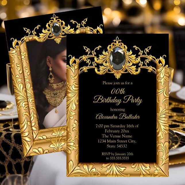 Invitación Elegante foto de cumpleaños Black Gold Damask (Subido por el creador)